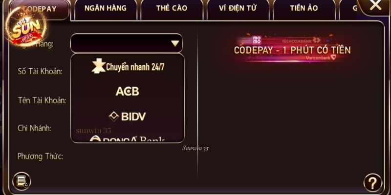 Nạp tiền Sunwin thông qua CodePay